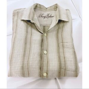 Tommy Bahama Men Sz M 100% Linen Button Up Plaid Camp Shirt Beige Tan Sand Beach